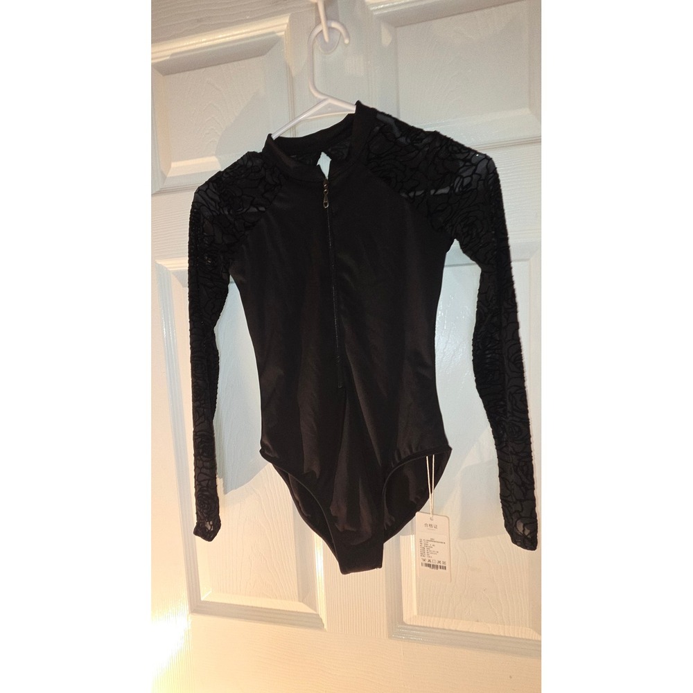 Dance For Dreams Black Long Sleeve Floral Lace Mesh Zipper Leotard Size M NEW